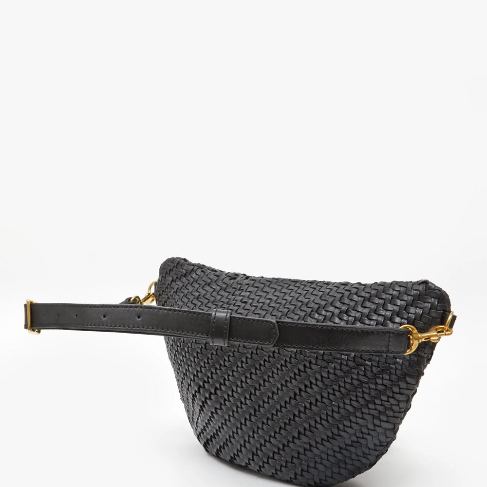 Black woven belt bag with a strap on a white background