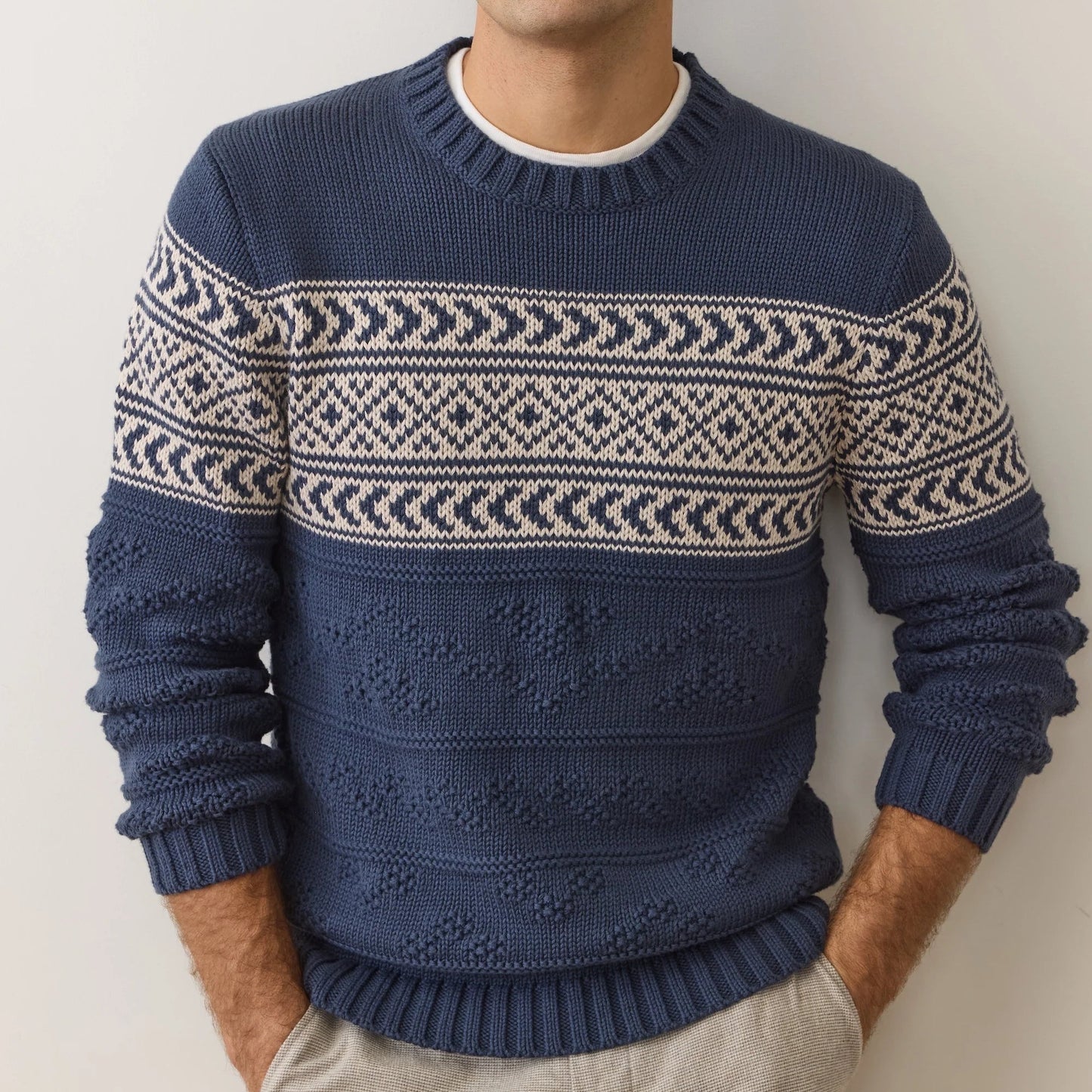 A man wearing the Erik Textured Sweater by Marine Layer