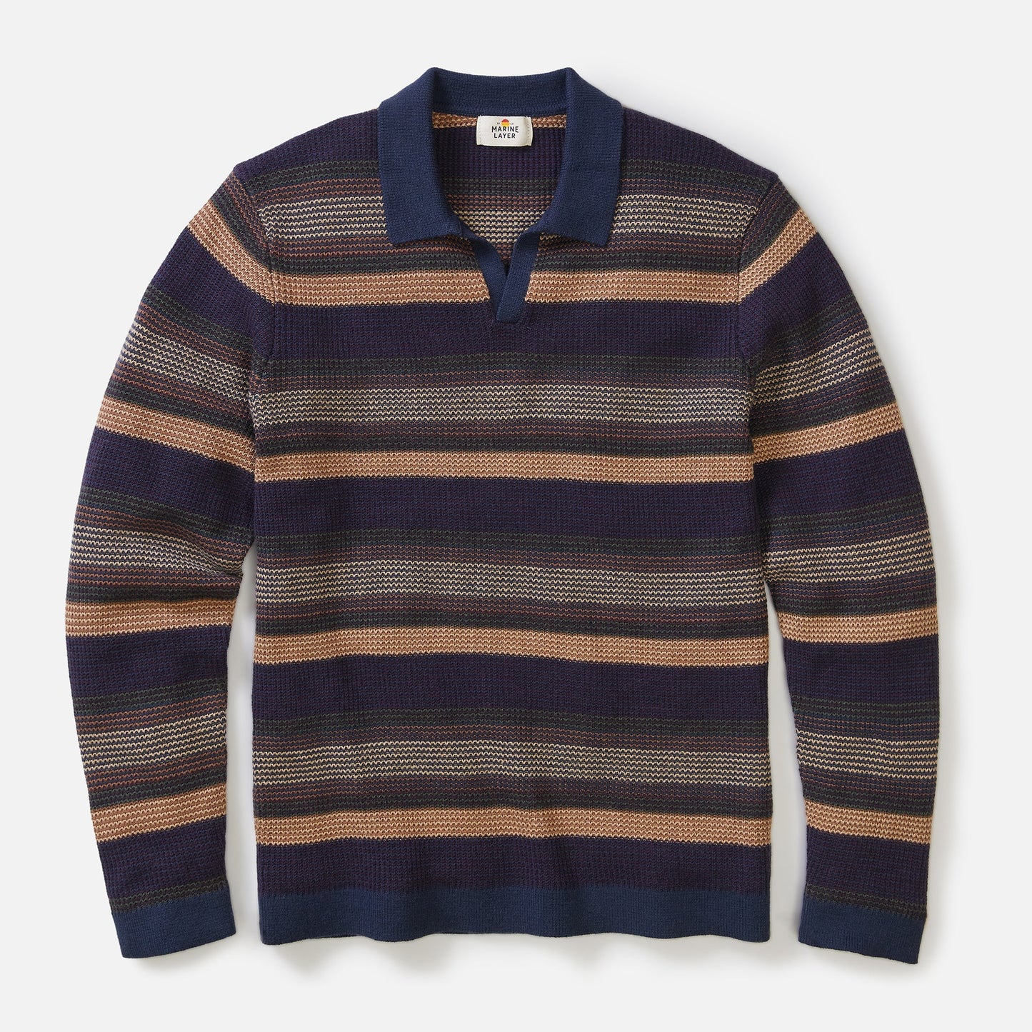 Marine Layer Men's Liam Long Sleeve Sweater Polo in Warm Multi Stripe