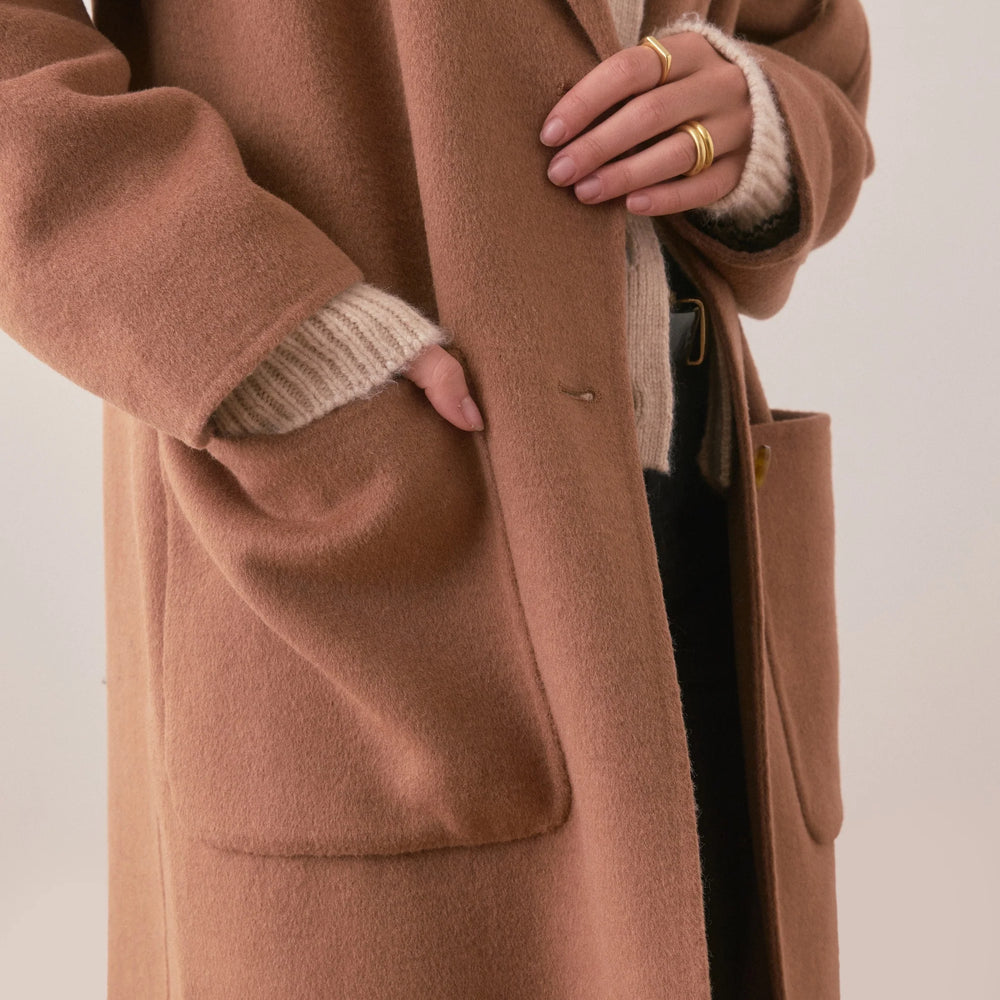
                      
                        A camel coat with large patch pockets
                      
                    