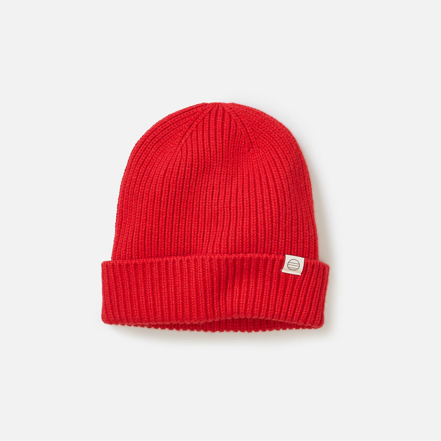 Red knit beanie with a Marine Layer brand logo 