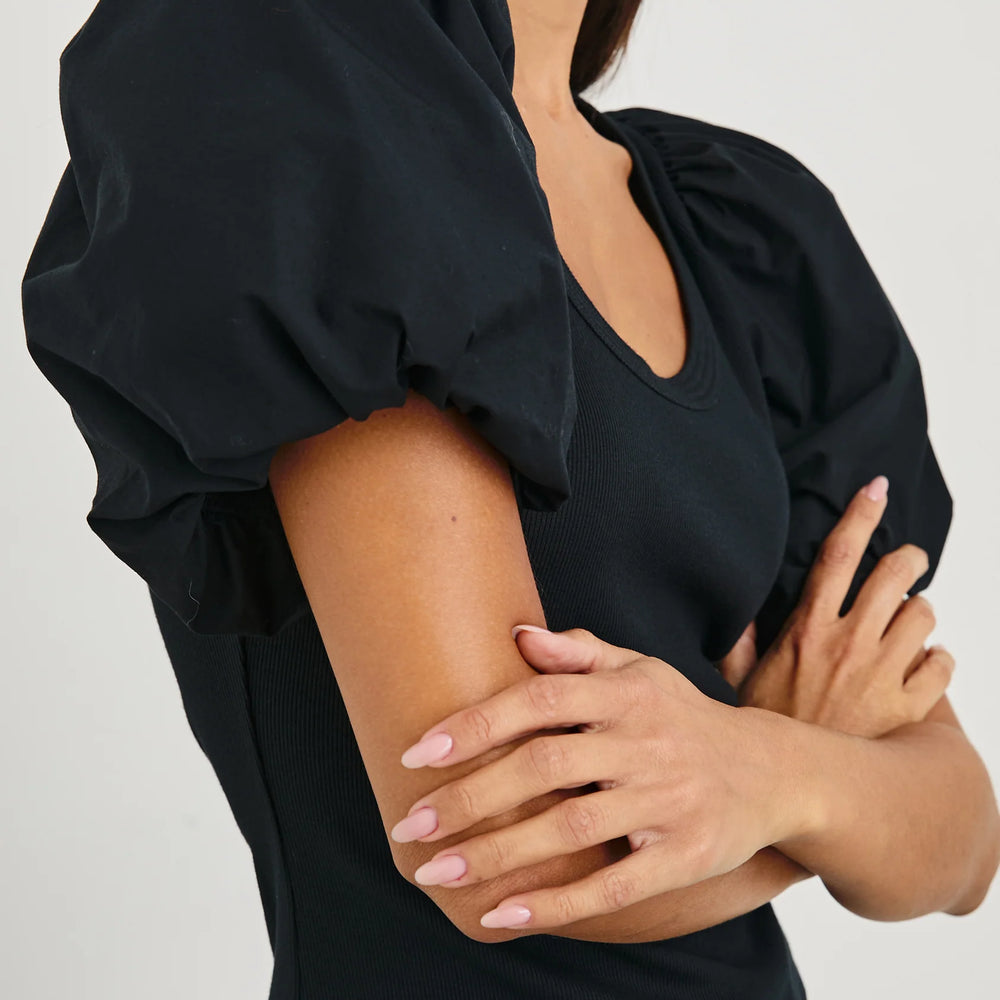
                      
                        The Hallie top offers billowy short sleeves
                      
                    