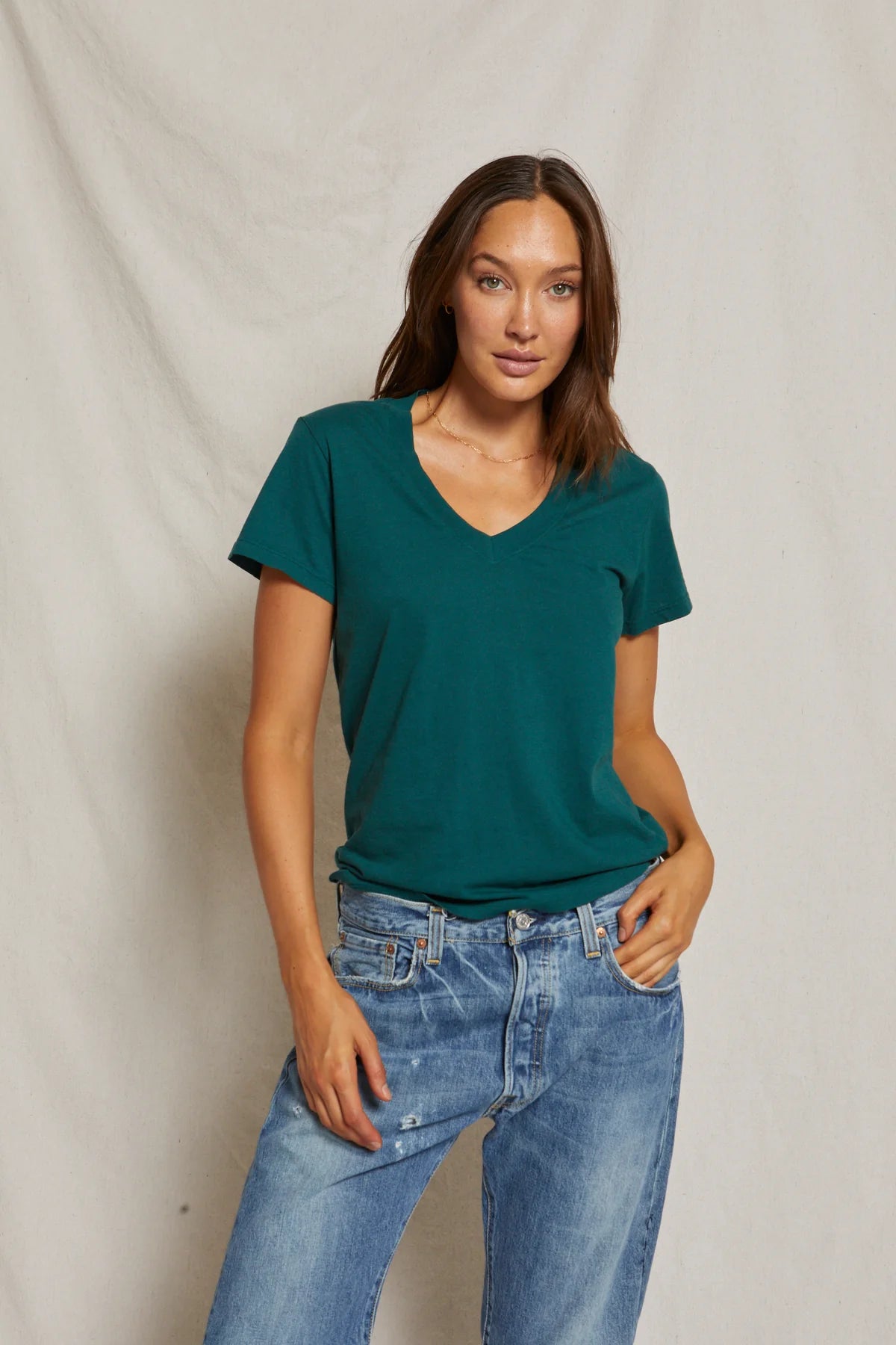 Perfect White Tee's Hendrix V-Neck Tee in the color Emerald