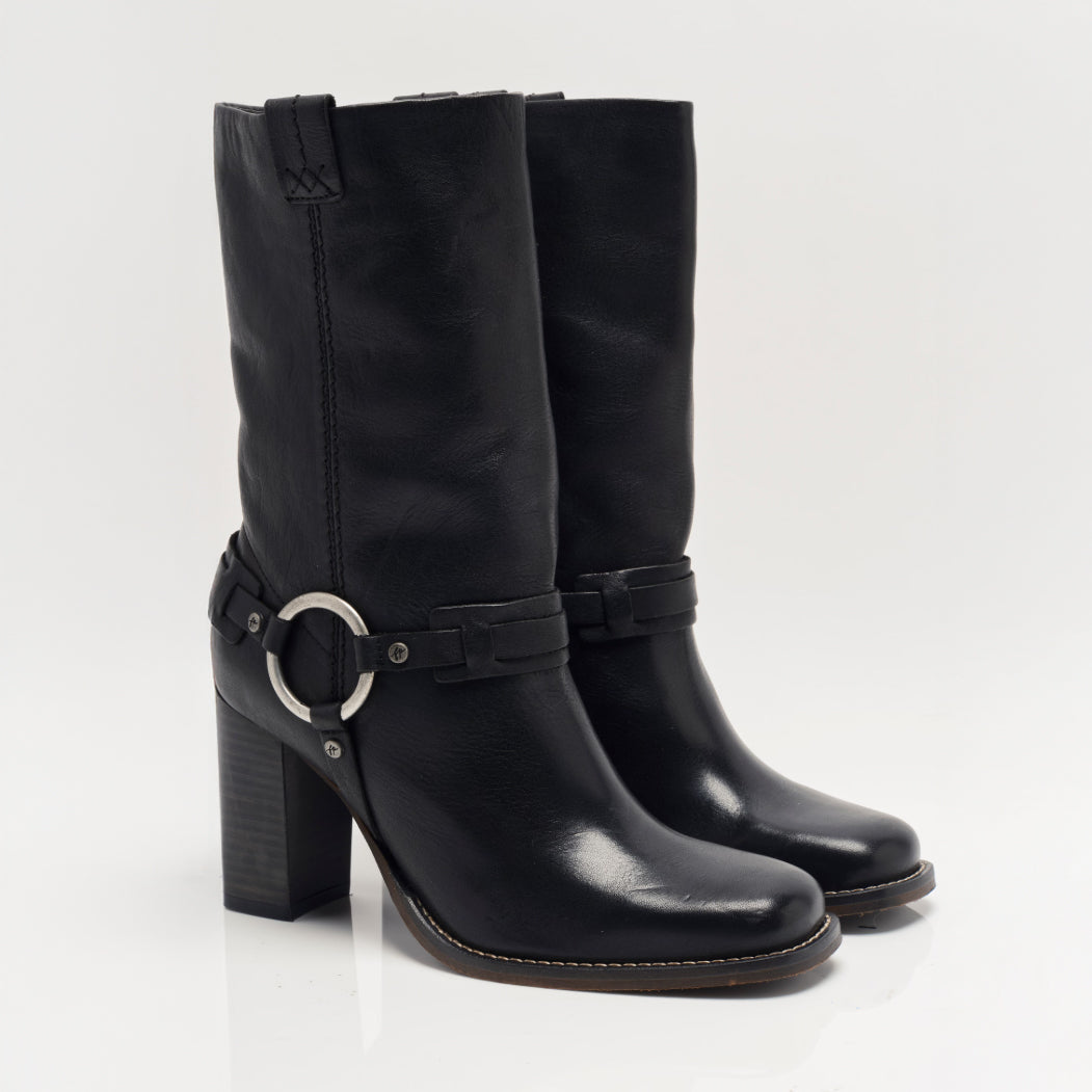 The black leather Hayden Harness Boots from Free People are available at Harbour Thread boutique. 