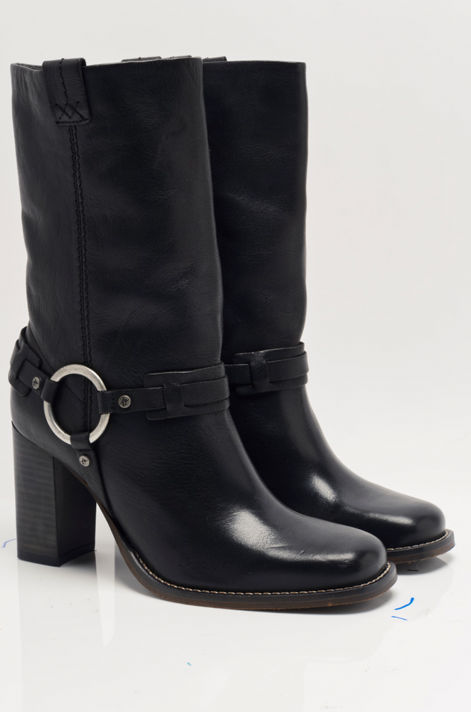 The black leather Hayden Harness Boots from Free People are available at Harbour Thread boutique. 