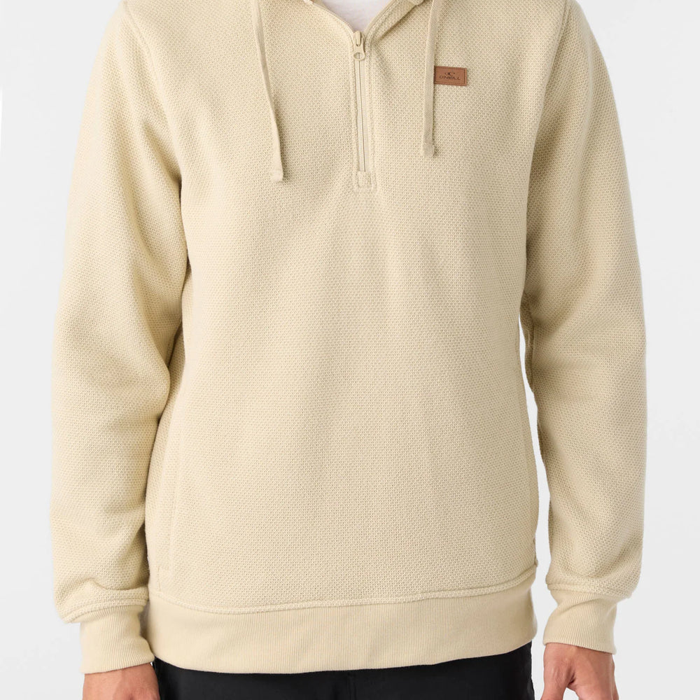 
                      
                        A man wearing the Light Khaki Passage Fleece Quarter Zip Pullover Hoodie by O'Neill
                      
                    