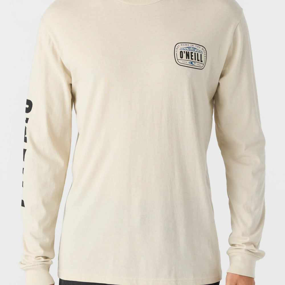 A man wearing the Eventide Long Sleeve Tee in the color Light Khaki by O'Neill