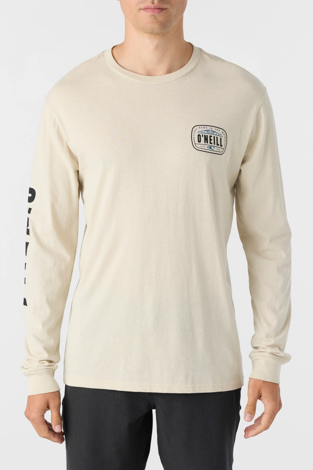 A man wearing the Eventide Long Sleeve Tee in the color Light Khaki by O'Neill