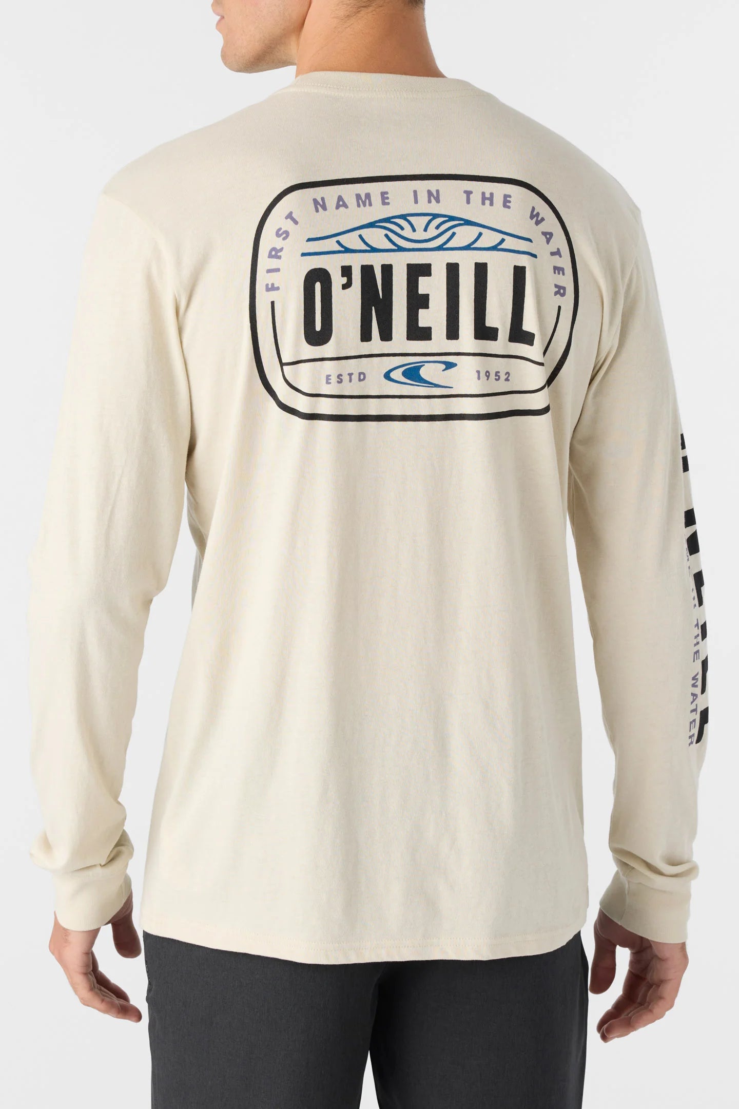 Back screen print detail on the Eventide Long Sleeve Tee in the color Light Khaki by O'Neill