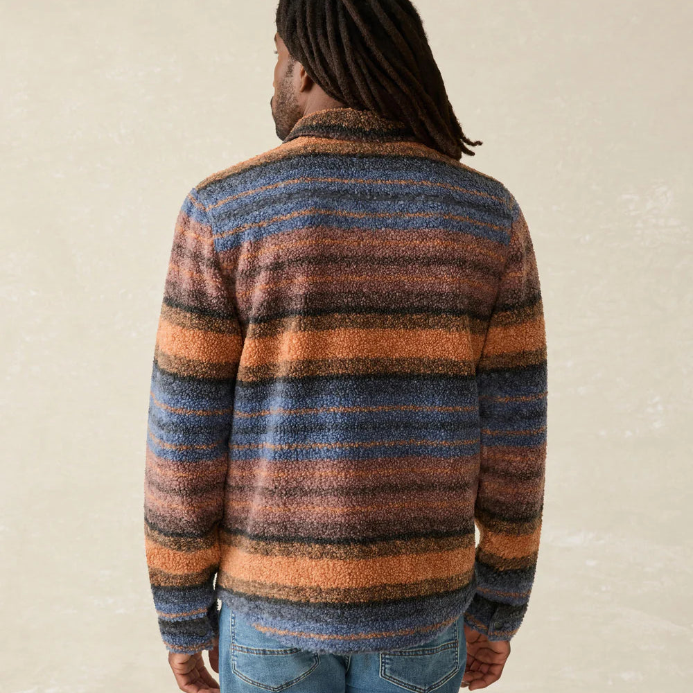 
                      
                        Faherty's Range Fleece CPO features a multicolor earthtone stripe design
                      
                    