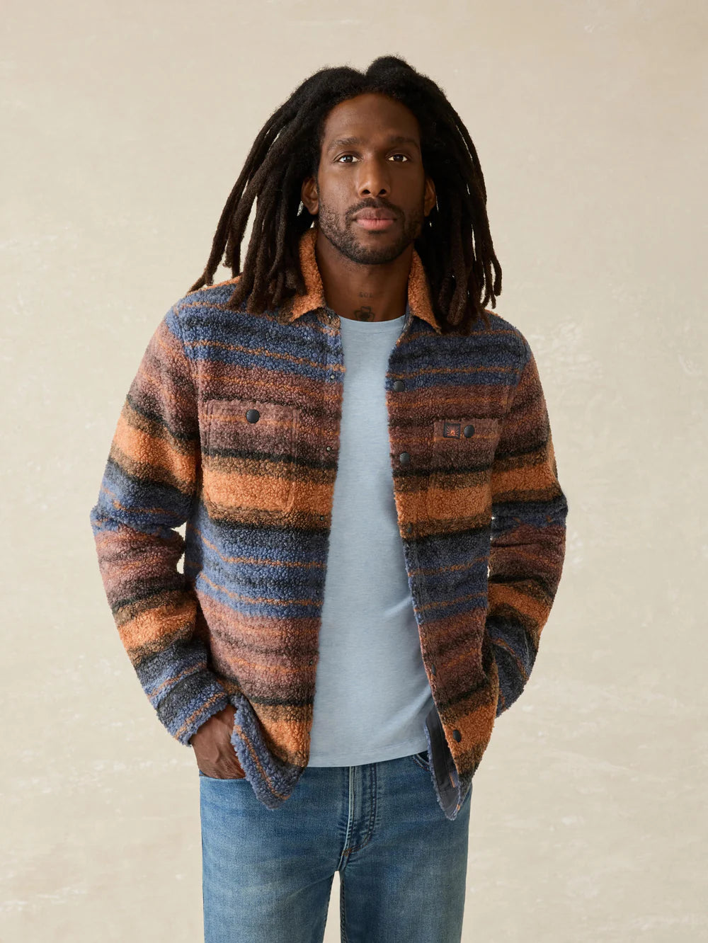 Faherty's Range Fleece CPO in the color Autumn Horizon Stripe