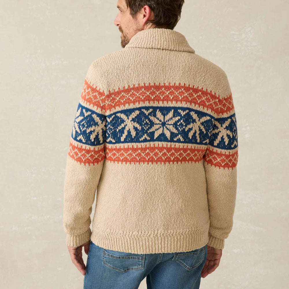 
                      
                        Back view of a man wearing Faherty's Surf To Snow Zip Cardigan
                      
                    