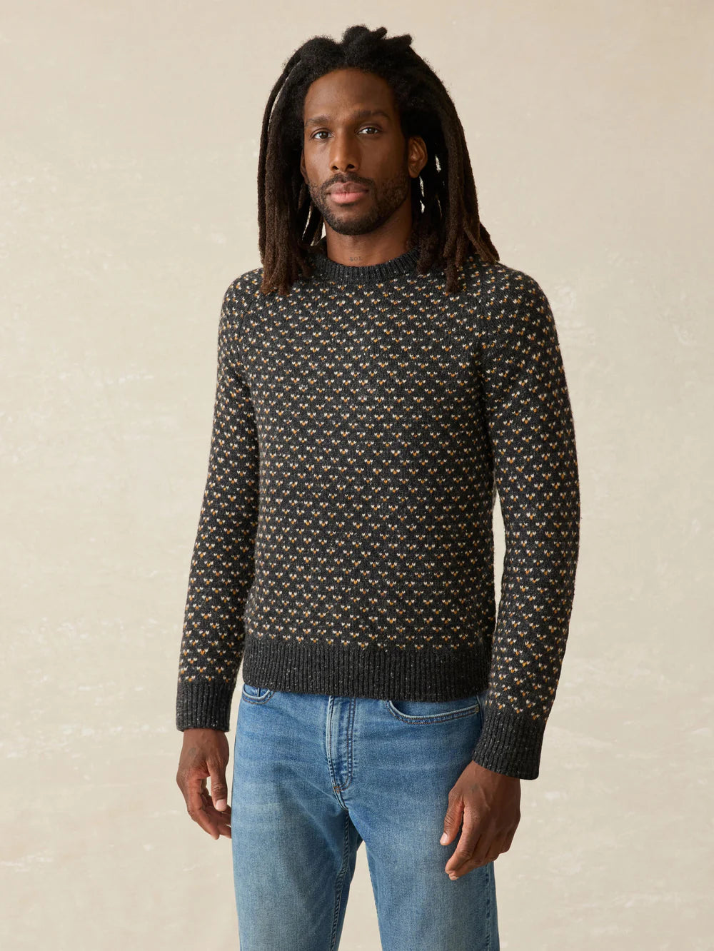 Faherty's Donegal Crew Sweater in the color Charcoal Birdseye Marl