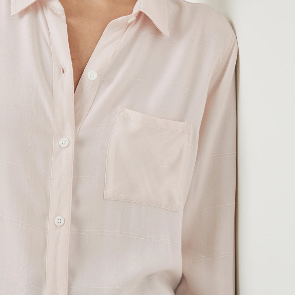 
                      
                        front detail on The Hunter Shirt in the color Rosewater, by Rails
                      
                    