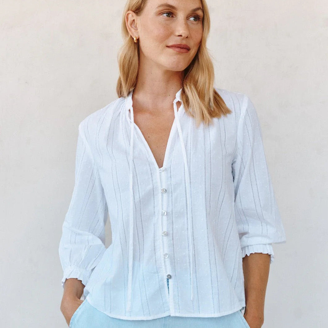 Bella Dahl 3/4 Sleeve Tie Neck Blouse in White