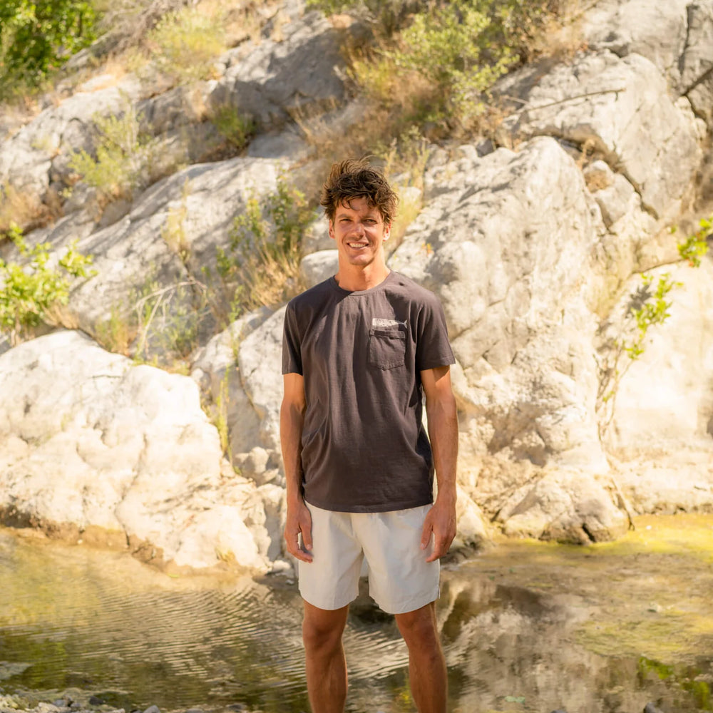 
                      
                        front view of the faded black short sleeve Olde Whale Tee by Mollusk
                      
                    