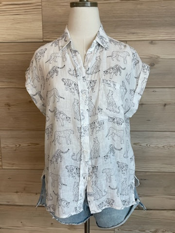 
                      
                        Front untucked view of the Ivory Jungle Cats Short Sleeve Button Down Whitney Shirt by Rails
                      
                    