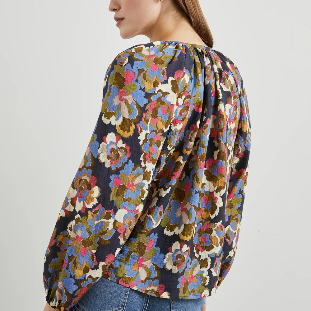 Back view of the Navy Wildflower print Indi Long Sleeve Top by the brand Rails