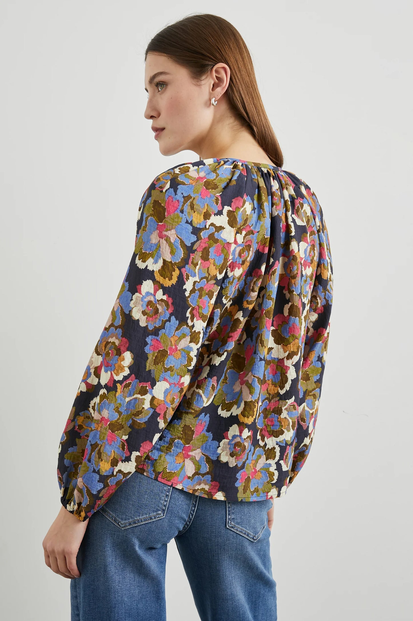 Back view of the Navy Wildflower print Indi Long Sleeve Top by the brand Rails