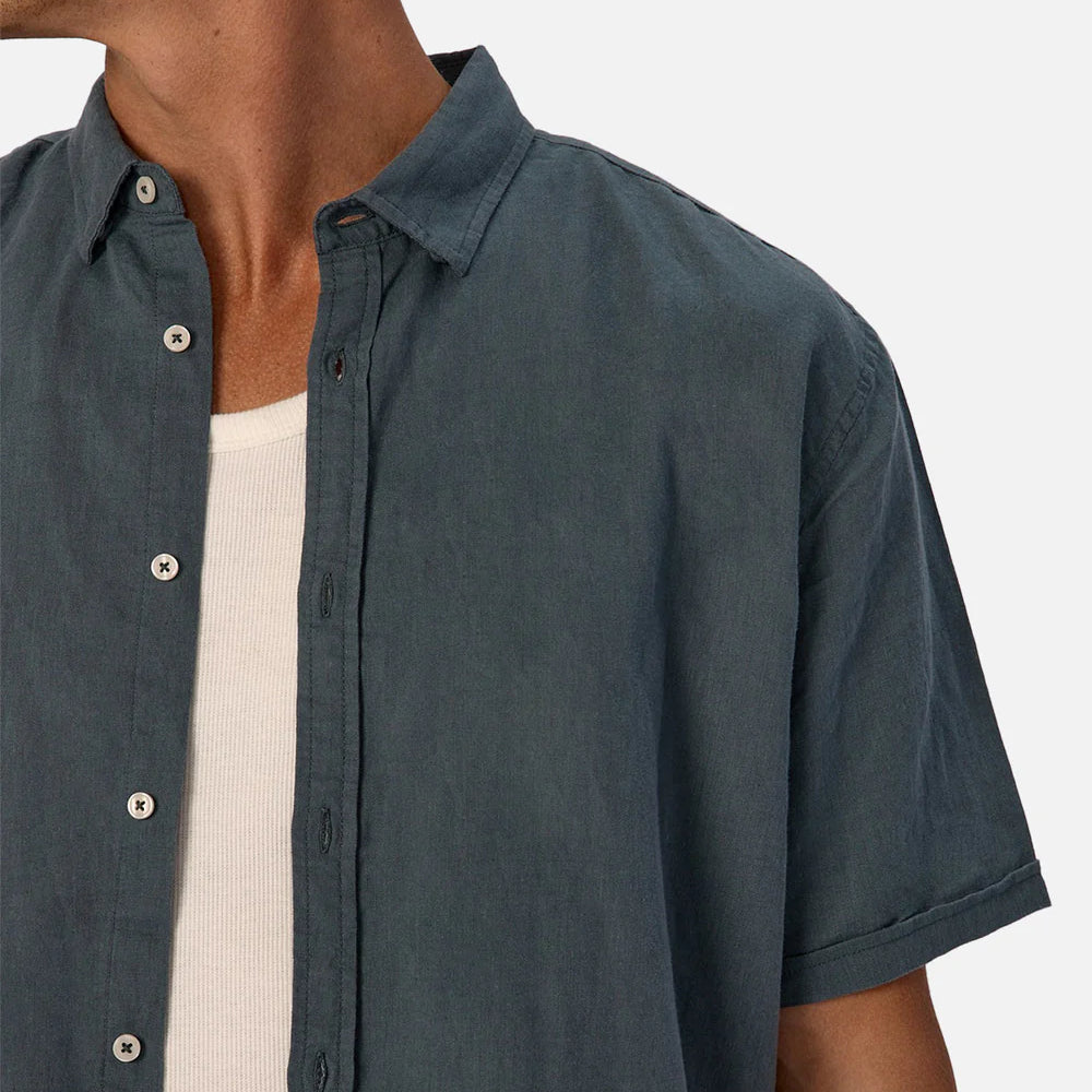 Find men's versatile summer shirts at Harbour Thread. New arrivals include the Industrie Tennyson Linen Blend Short Sleeve Shirt in Maritime. 