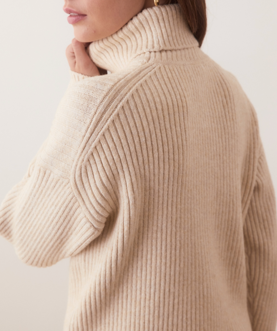 Ribbed Knit design detail on the Isla Knit Turtleneck by Marine Layer