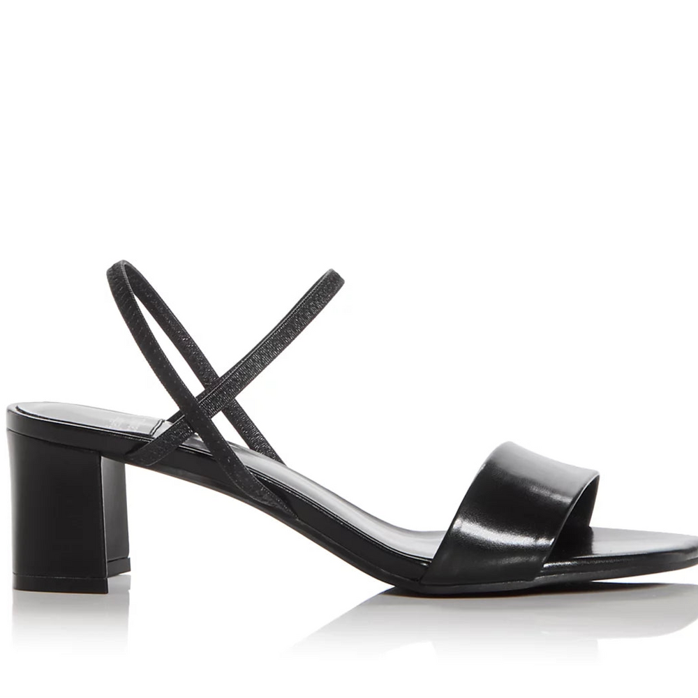 Women's black, minimal block heel sandal with ankle strap