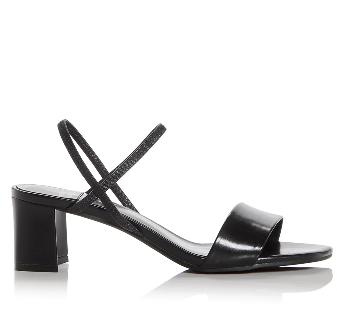 Women's black, minimal block heel sandal with ankle strap