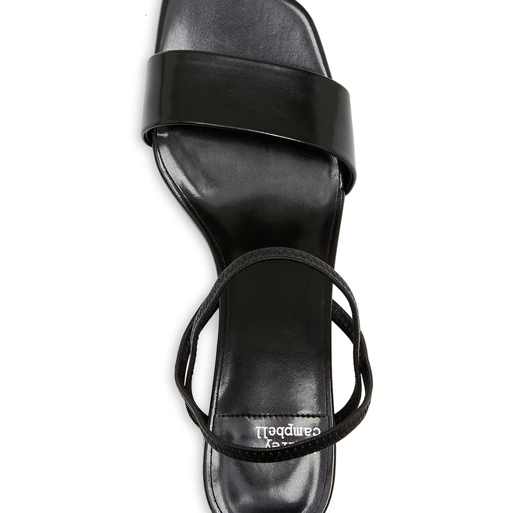 
                      
                        Women's black heeled sandal with a thick single band across the toes and ankle straps
                      
                    