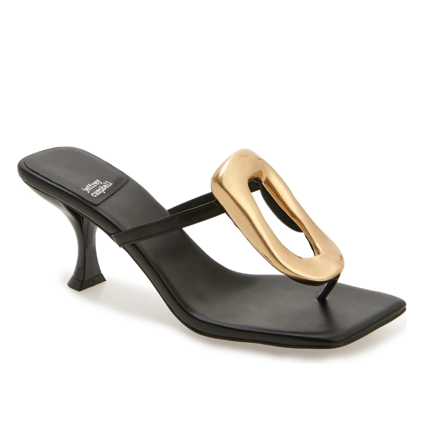 Black heeled sandals with a gold embellishment 