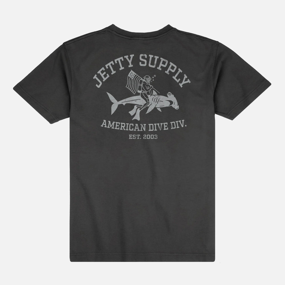 Black t-shirt with 'Jetty Supply American Dive Div' graphic on a white background