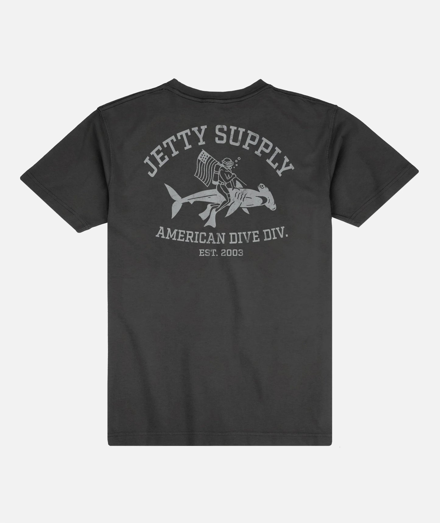 Black t-shirt with 'Jetty Supply American Dive Div' graphic on a white background