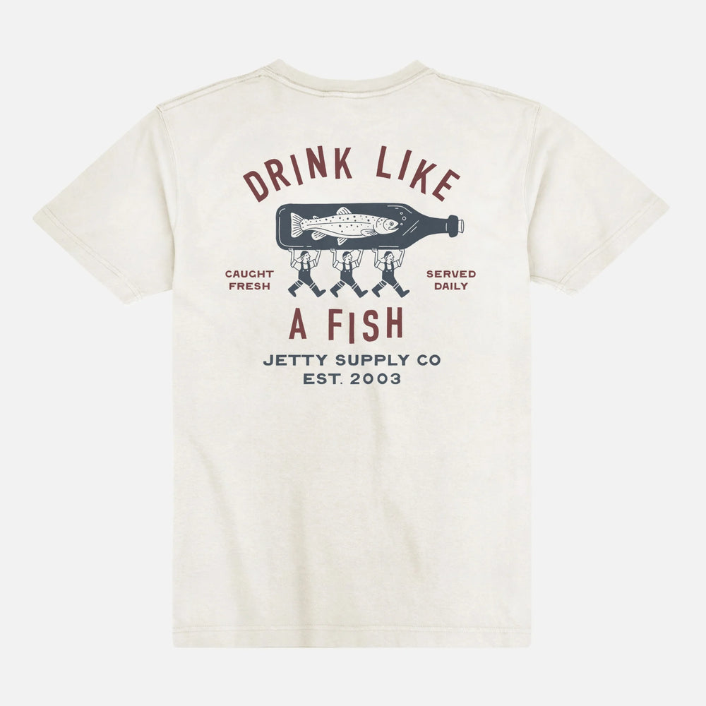 White Jetty t-shirt with graphic design and text on a white background