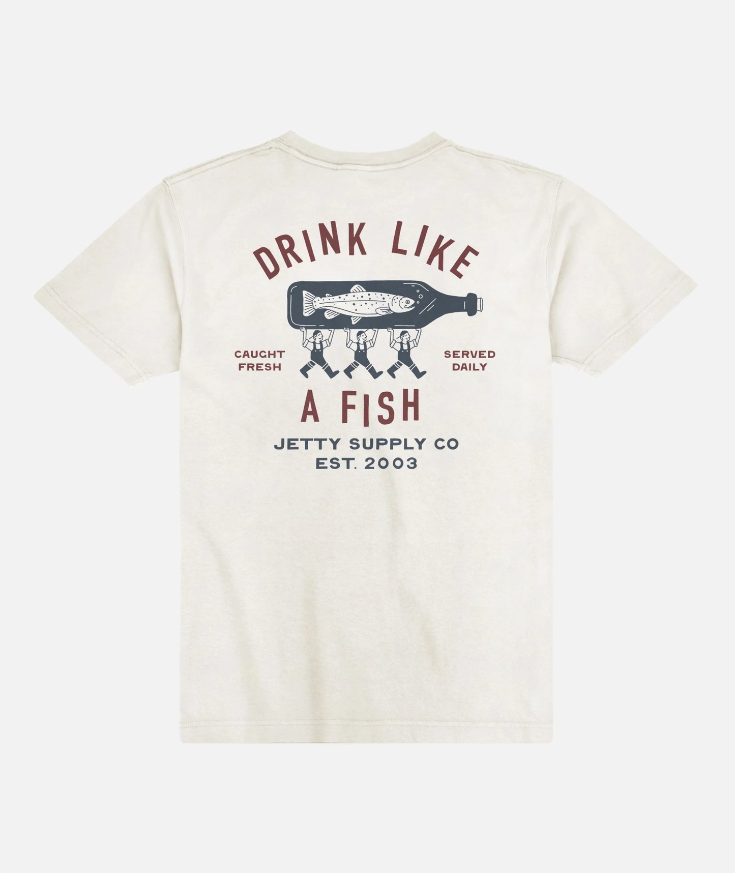 White Jetty t-shirt with graphic design and text on a white background