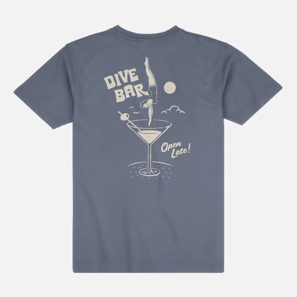 The Jetty Dive Bar Tee features a graphic design of a woman diving into a martini glass with text that reads "Open Late!"