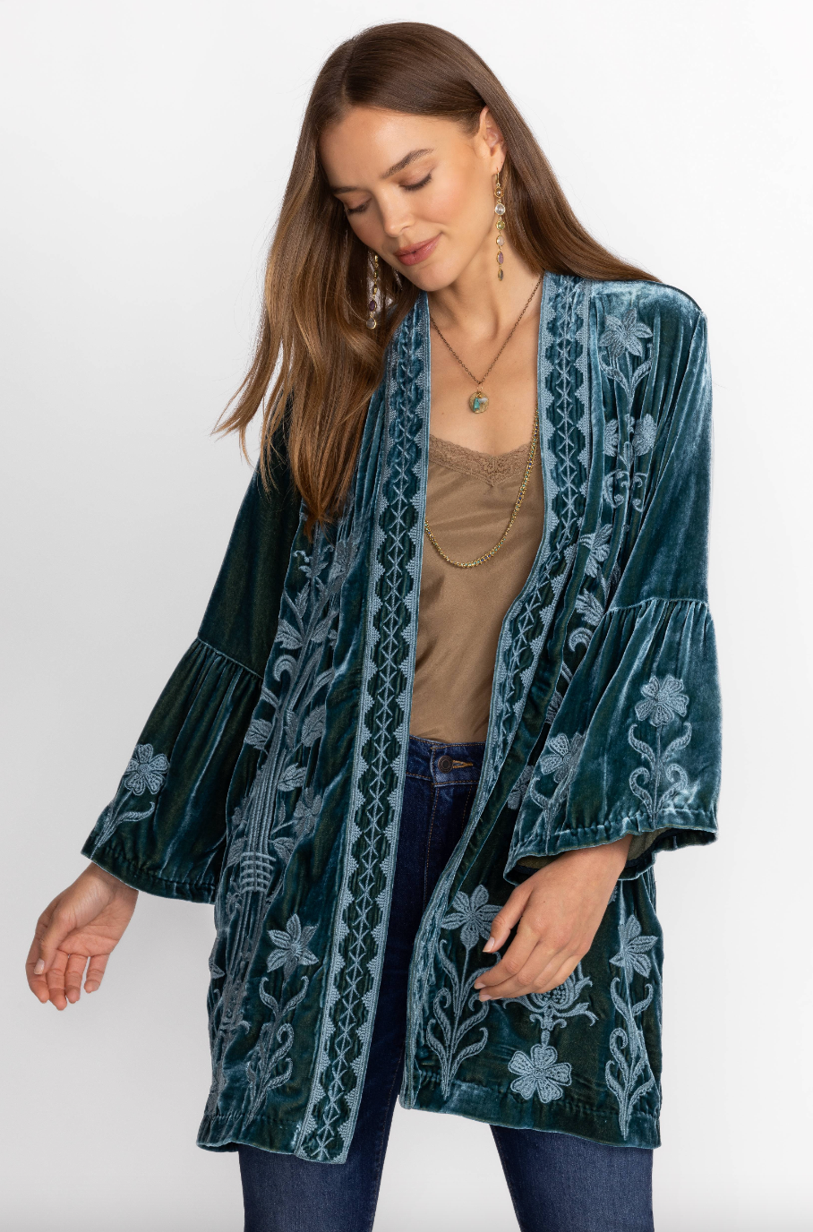 The Johnny Was Velvet Ruffle Sleeve Kimono in the color Peacock