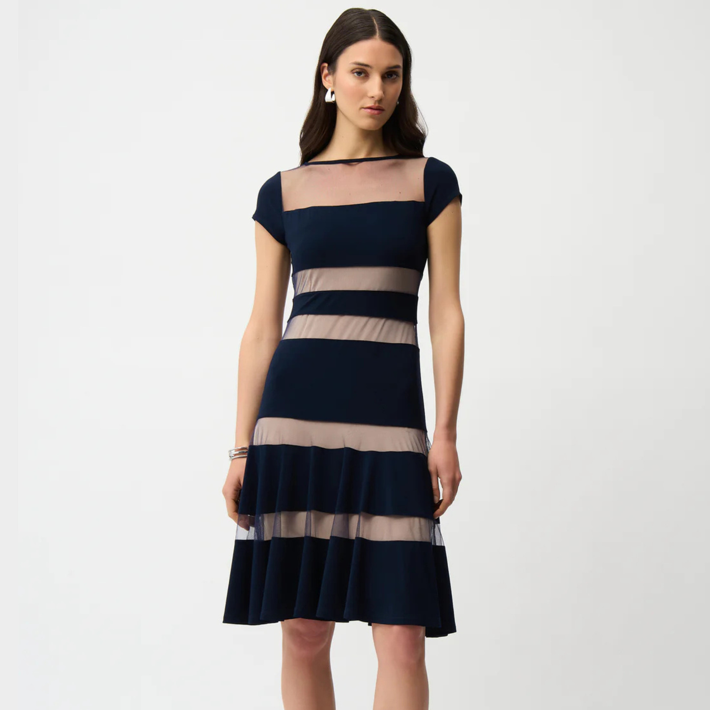 Joseph Ribkoff Silky Knit Fit and Flare Dress With Mesh Inserts 261050 Joseph Ribkoff Silky Knit Fit and Flare Dress With Mesh Inserts 261050