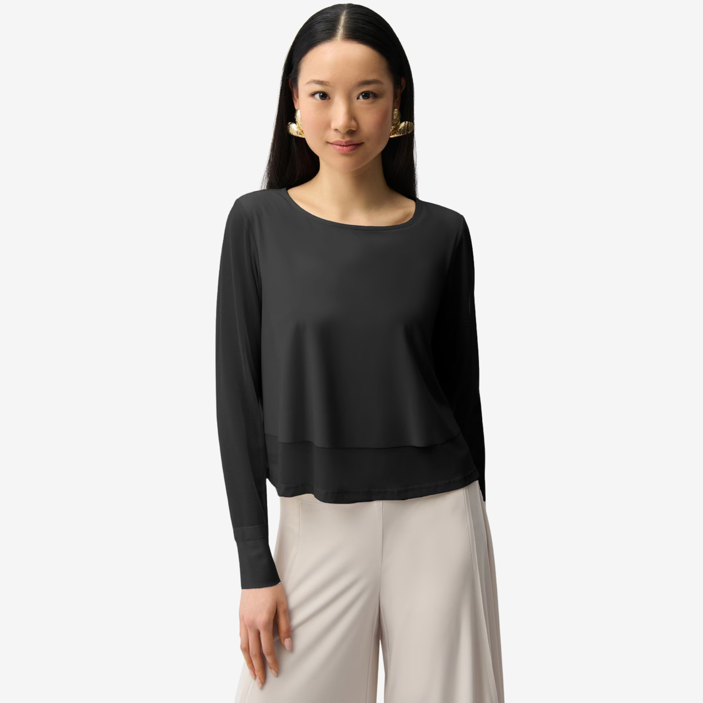 Joseph Ribkoff Silky Knit Mesh Sleeve Crewneck Top in Black