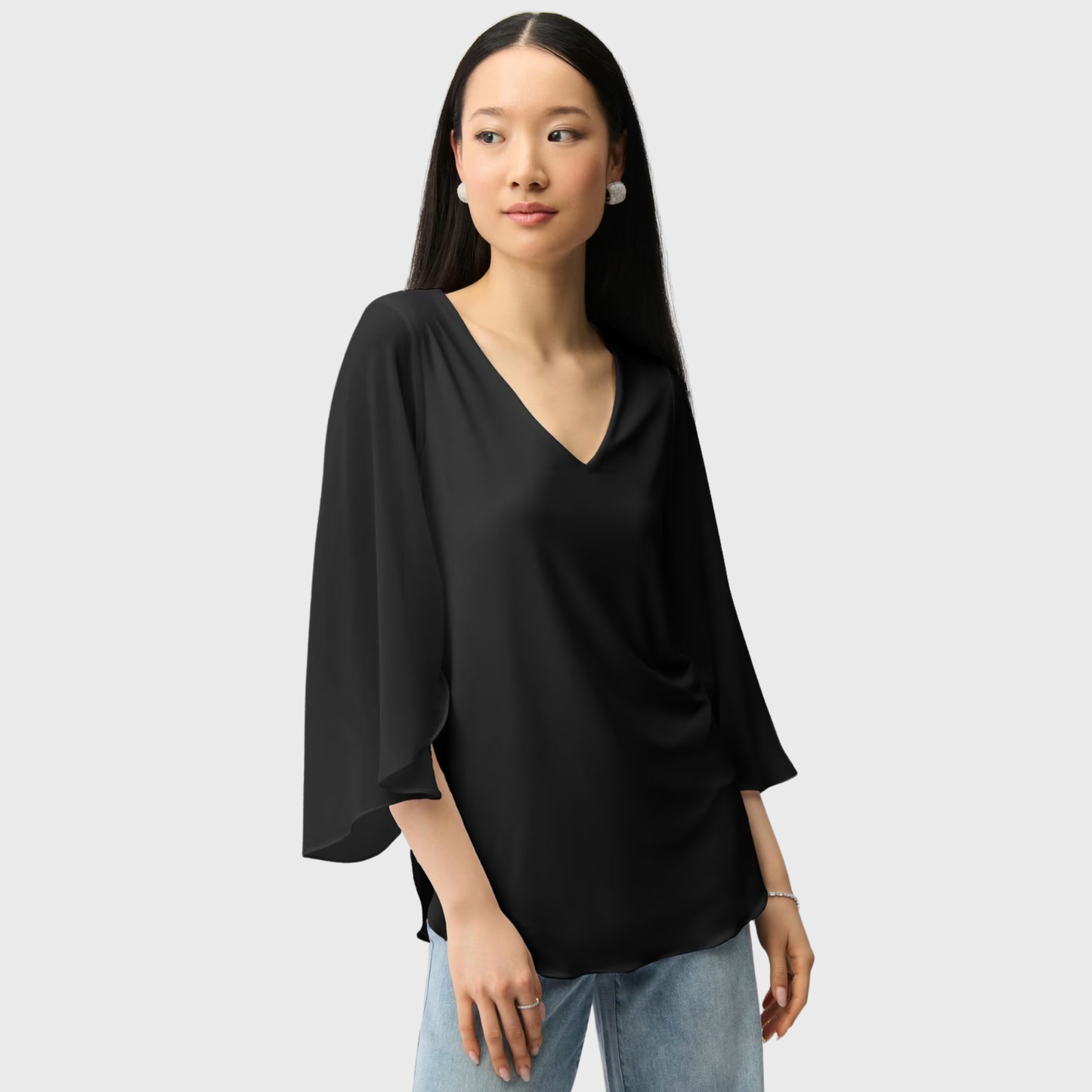 Joseph Ribkoff Silky Knit Straight Tunic With Chiffon Tulip Sleeves in Black