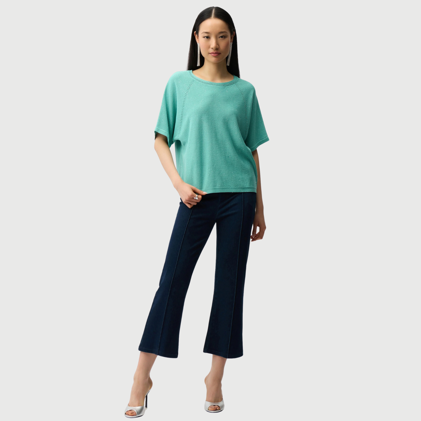 Joseph Ribkoff Knit Denim Cropped Flare Pant in Dark Denim Blue