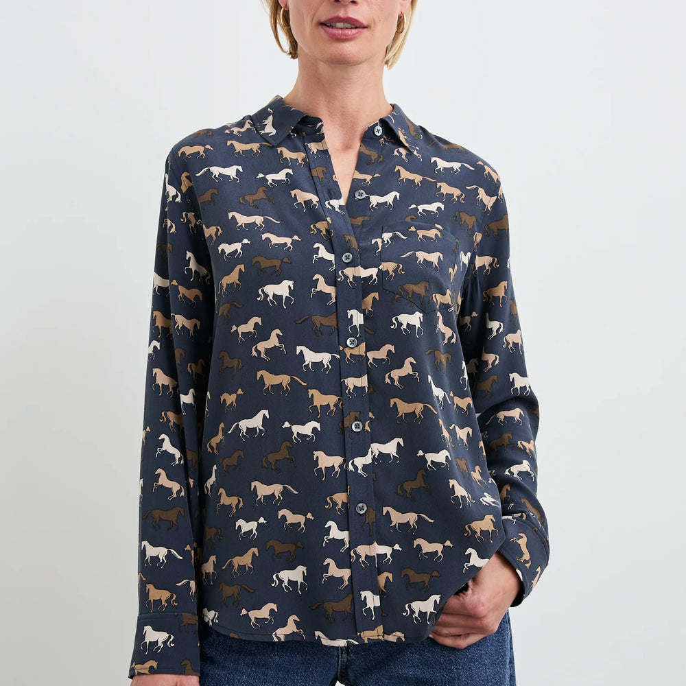 Women's washed silk button down with a horse print throughout