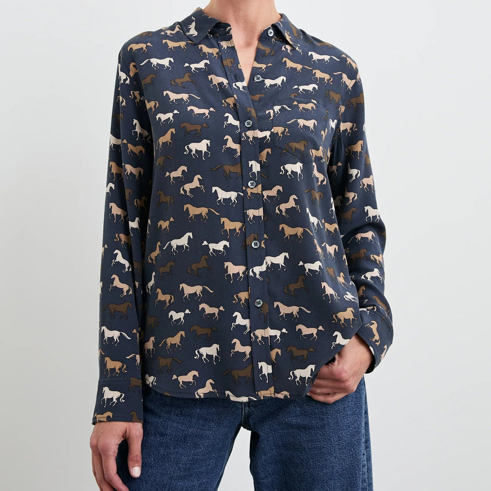 Women's washed silk button down with a horse print throughout