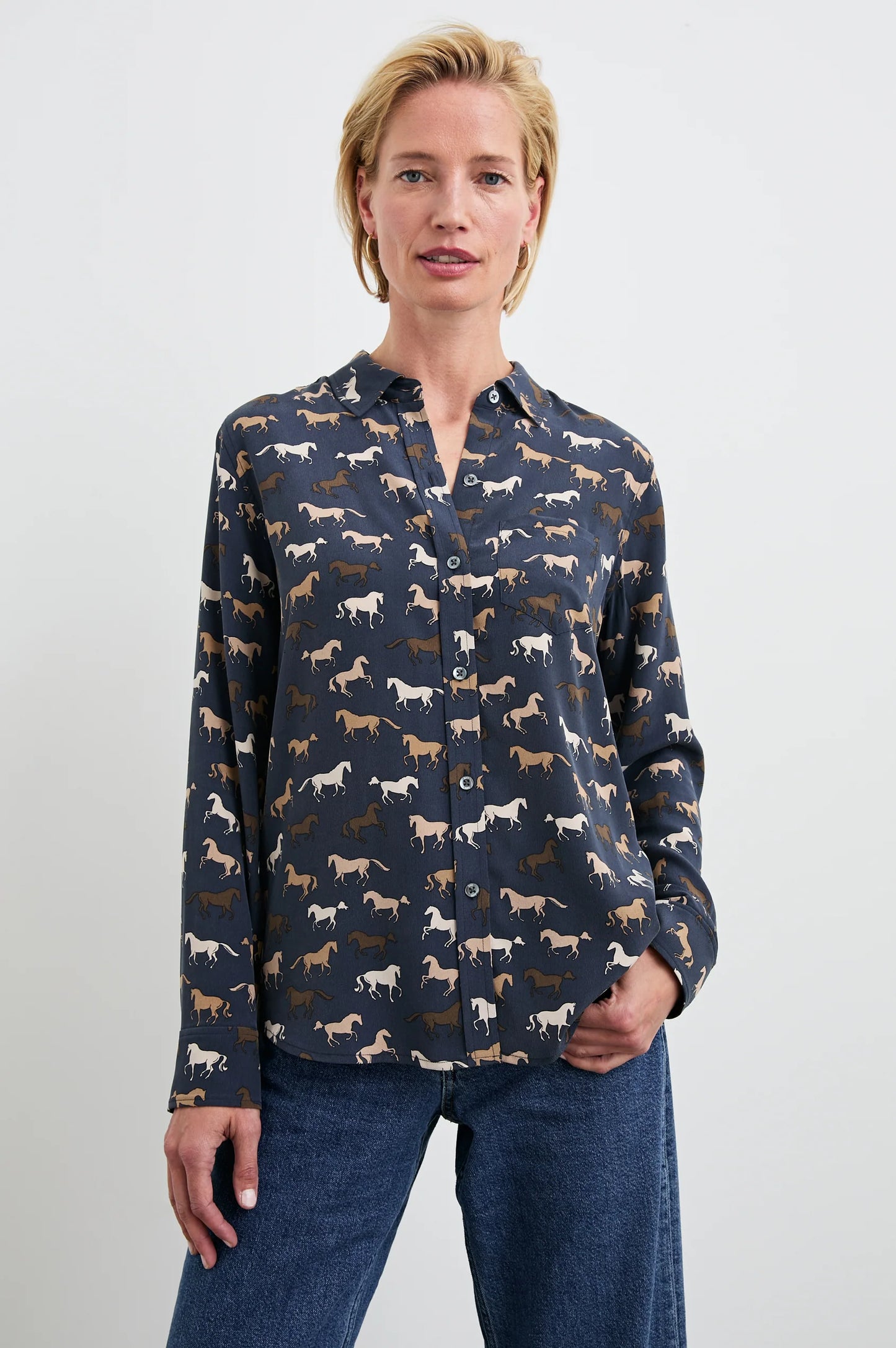 Women's washed silk button down with a horse print throughout