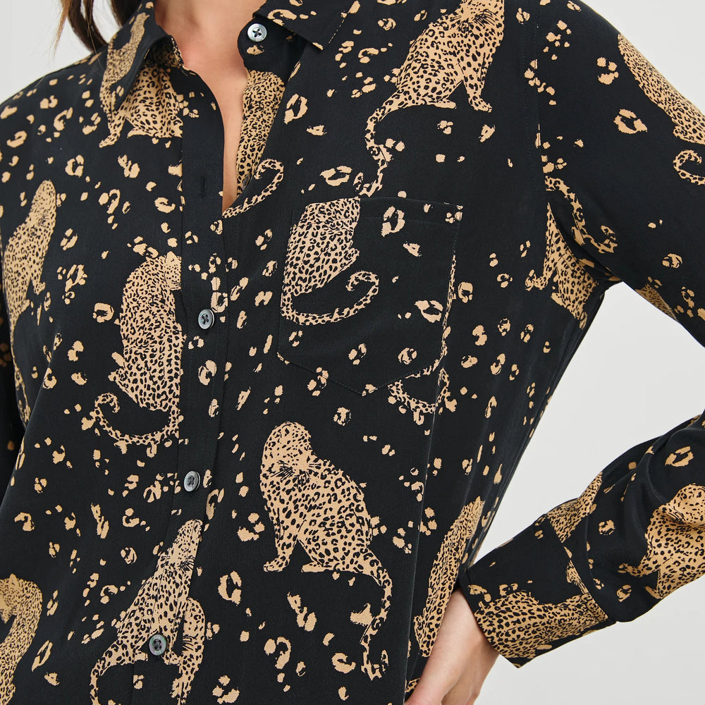 
                      
                        Women's washed silk button down shirt with a leopard print throughout
                      
                    