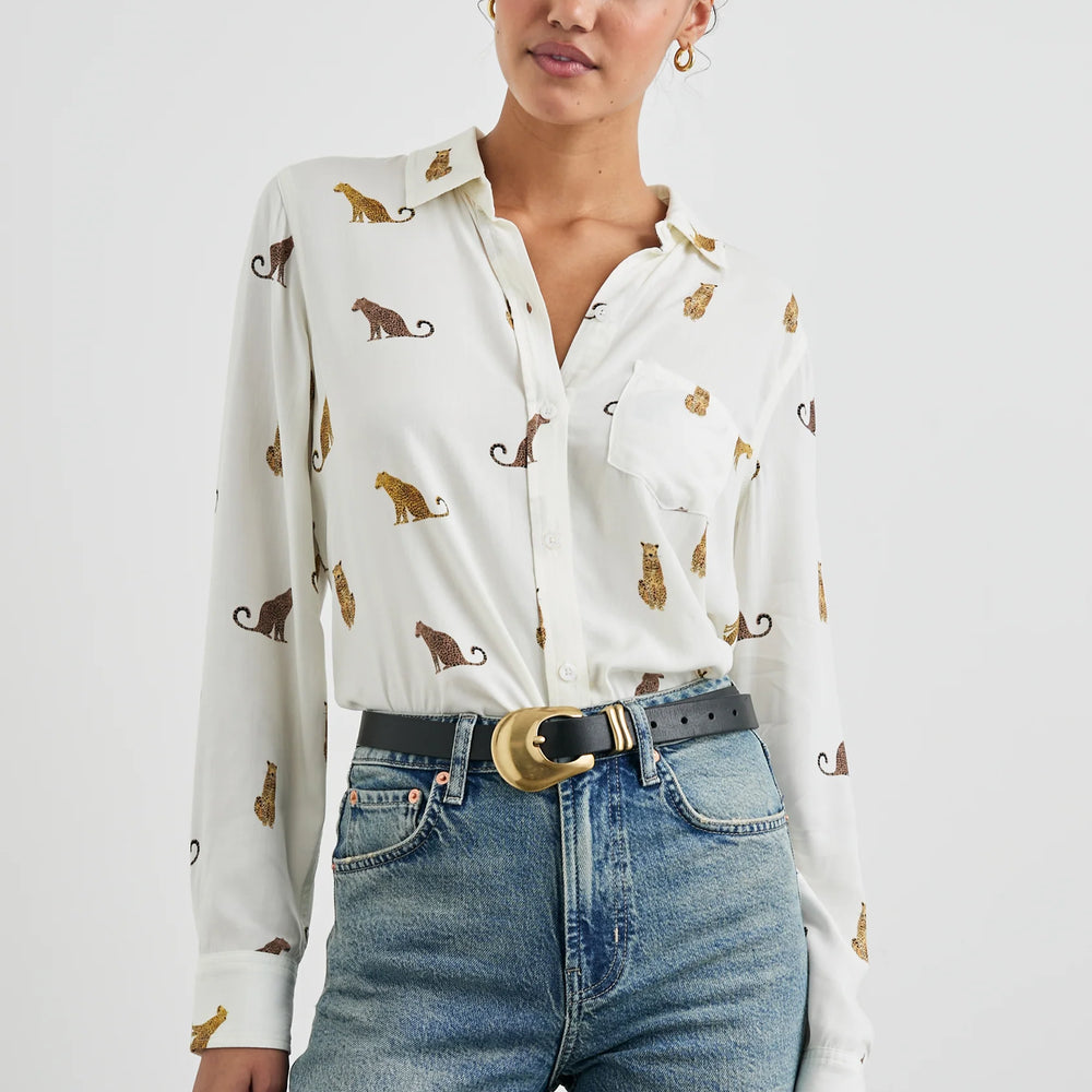 Front view of a woman wearing the Wild Animals Kathryn Button Down Shirt by Rail