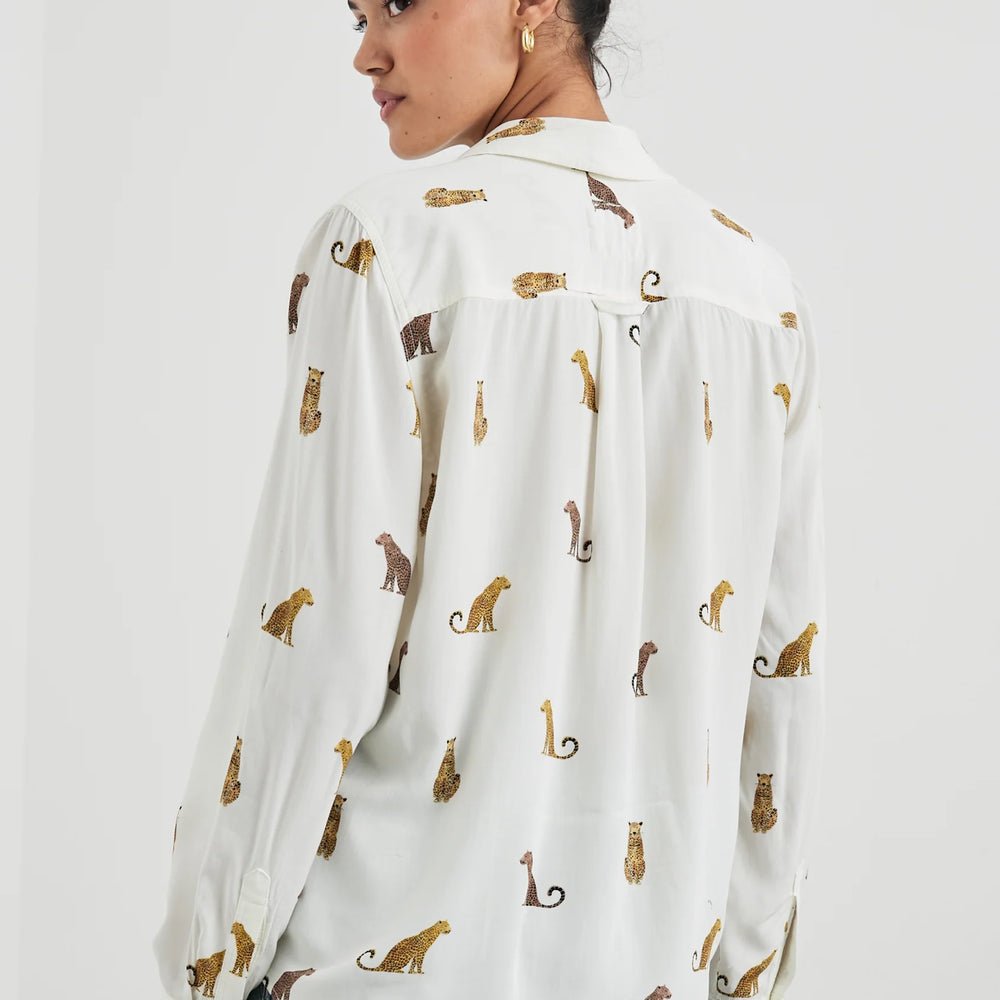 Back view of a woman wearing the Wild Animals Kathryn Button Down Shirt by Rail