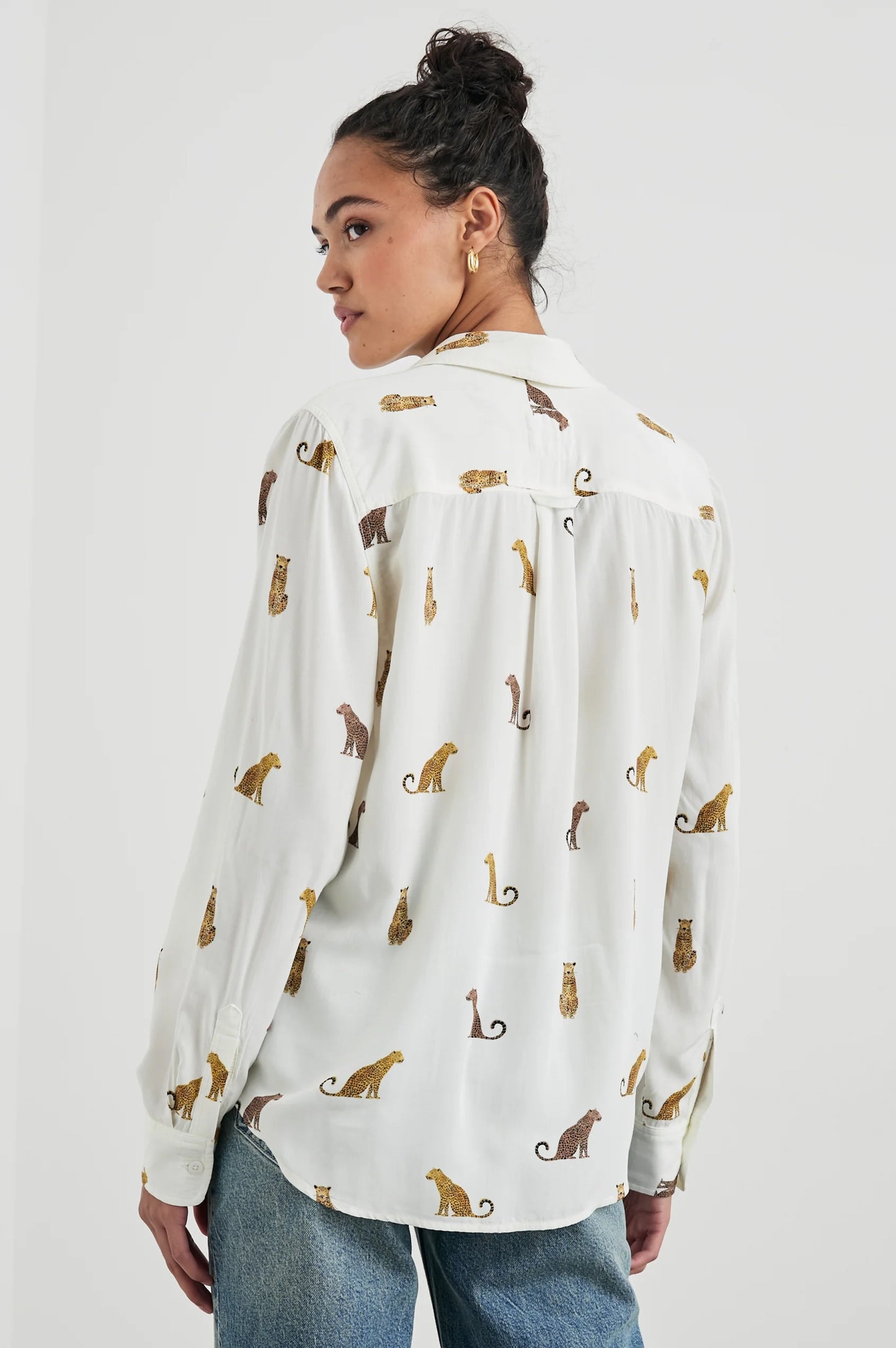 Back view of a woman wearing the Wild Animals Kathryn Button Down Shirt by Rail