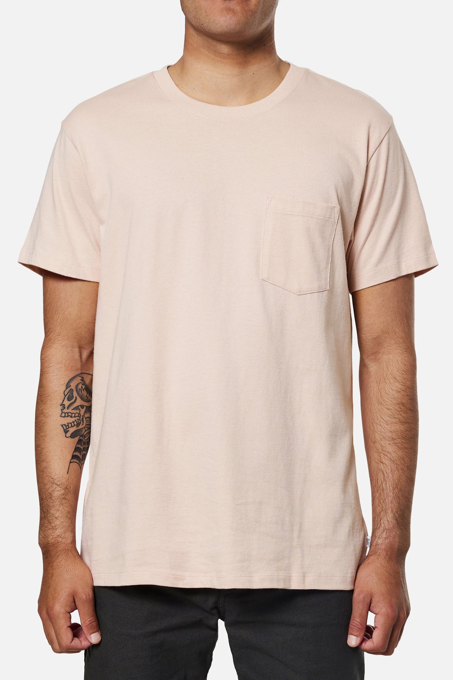 Front view of a man wearing a pink short sleeve pocket t-shirt by Katin