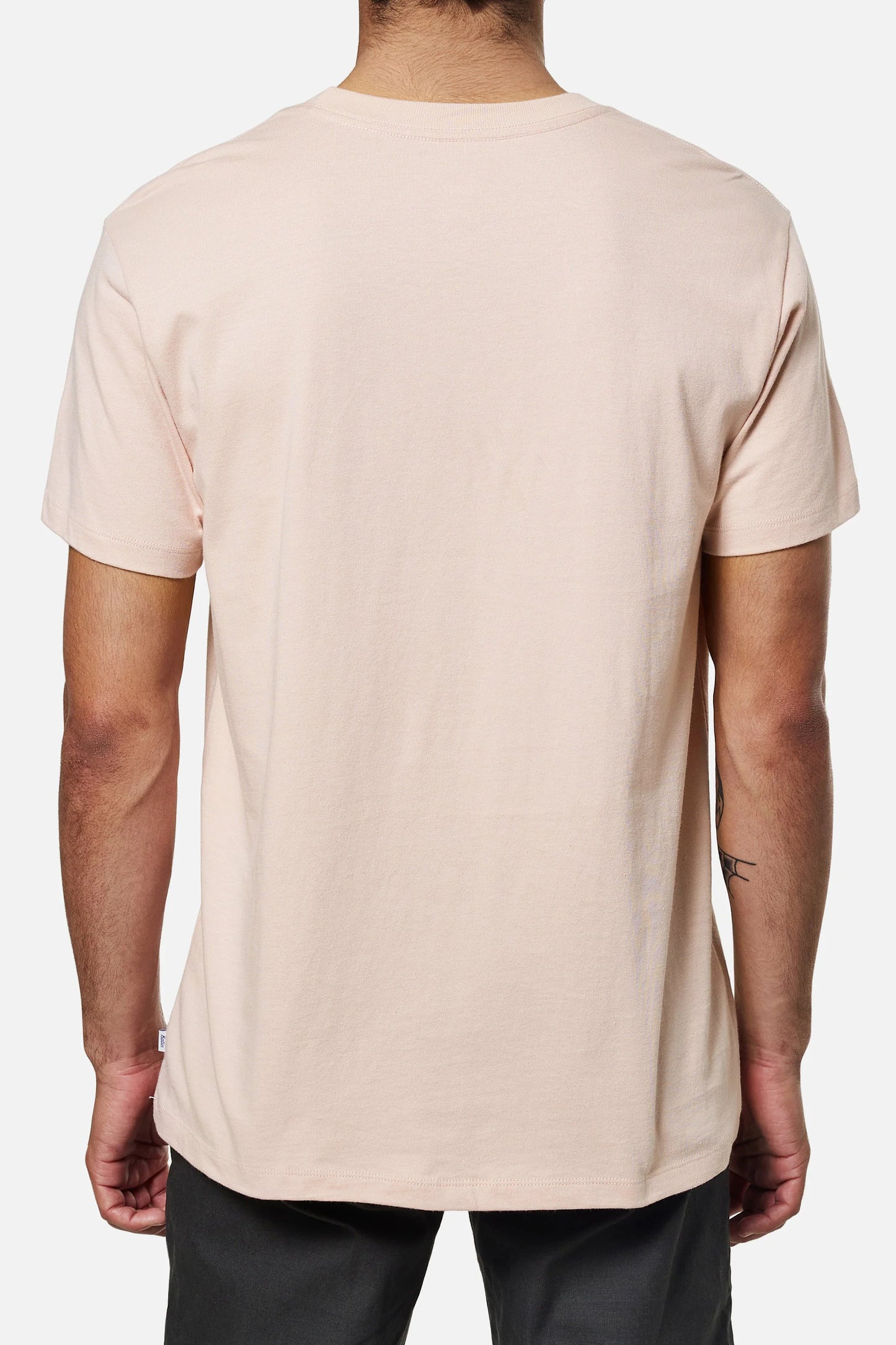 Back view of a man wearing a pink short sleeve pocket t-shirt by Katin