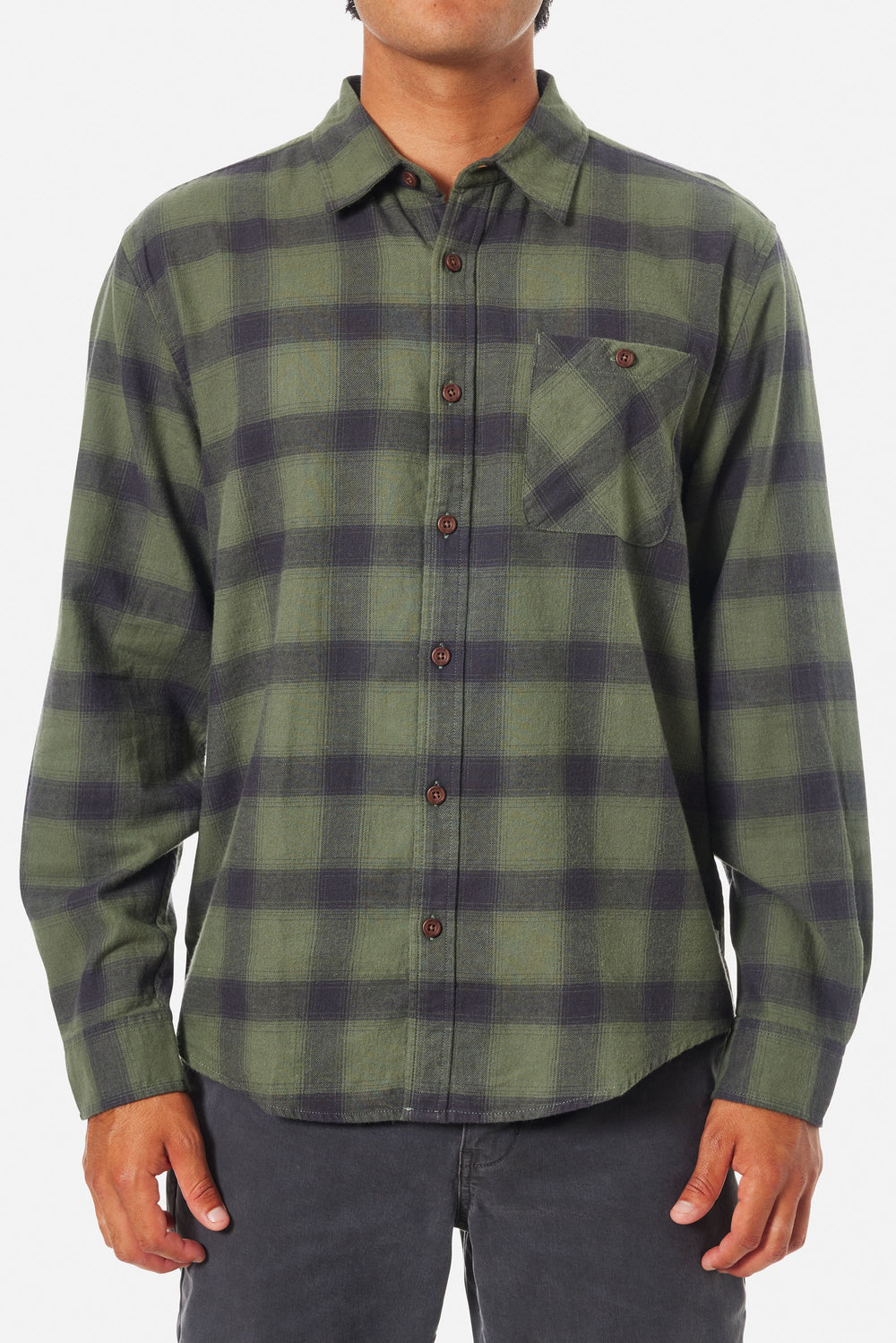 Front view of the Black Wash Derek Flannel by Katin