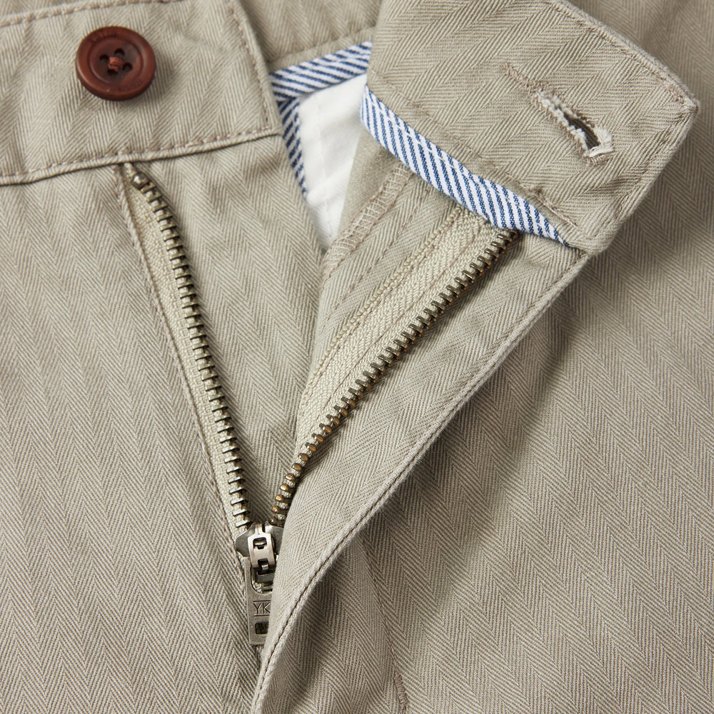 
                      
                        Closeup of button and zip fly on the warm grey colored men's cargo shorts by Katin
                      
                    